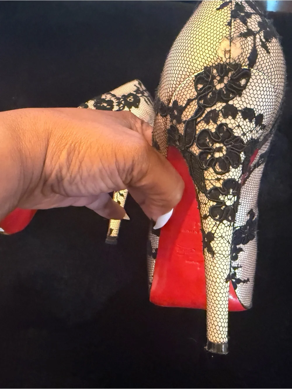Christian Louboutin Black Lace on Nude Peep Toe Pumps